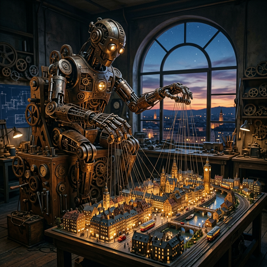 Steampunk robot controlling a glowing miniature city model with puppet strings