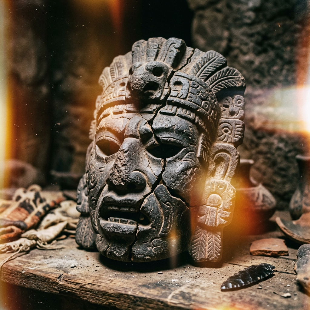 Stone ceremonial mask with intricate carvings and visible cracks