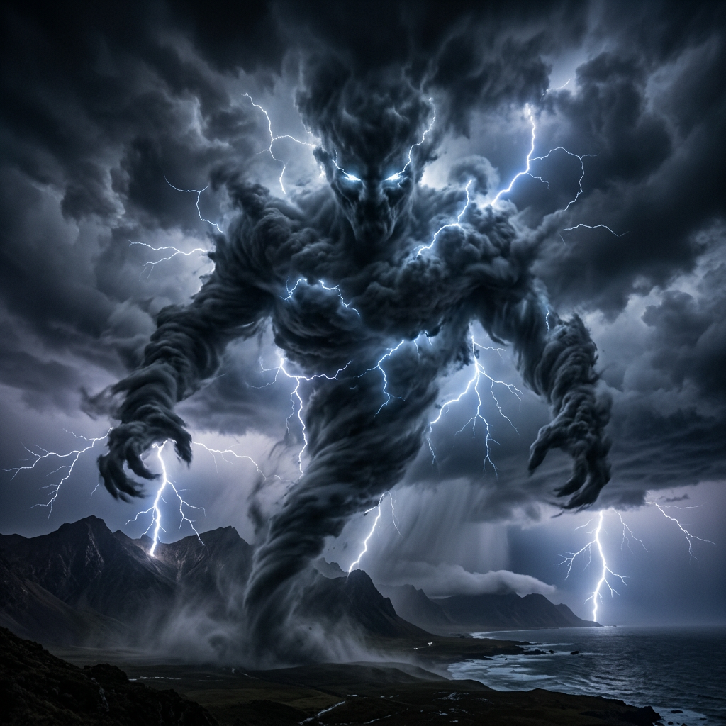 Gigantic humanoid storm figure composed of swirling dark clouds and lightning above coastal mountains