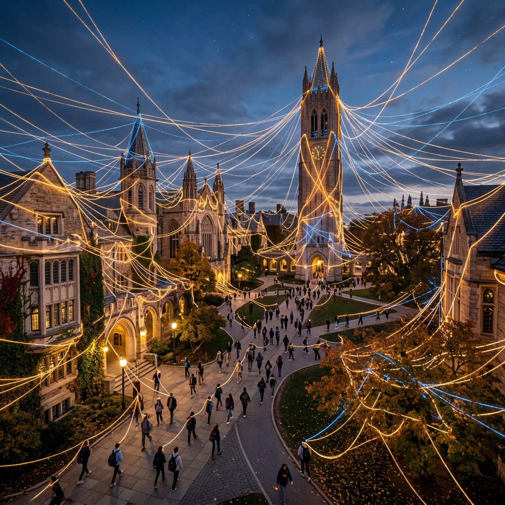 University campus with Gothic buildings and clock tower lit by blue and yellow string lights, people walking on pathways below