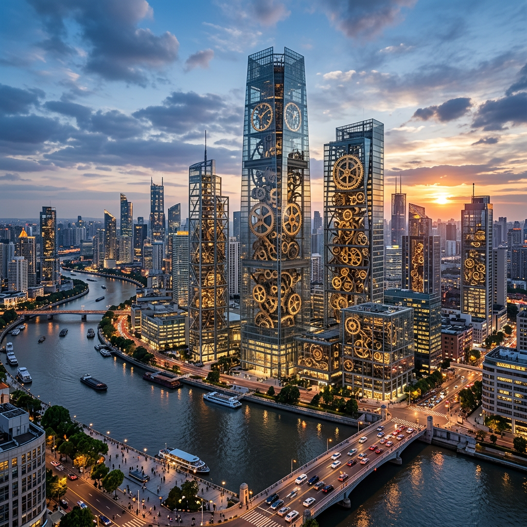 Modern city skyline with skyscrapers showcasing illuminated clock gears and large clock faces during sunset