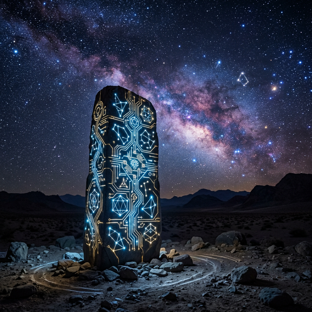 Monolith with illuminated circuit designs in desert beneath the Milky Way galaxy