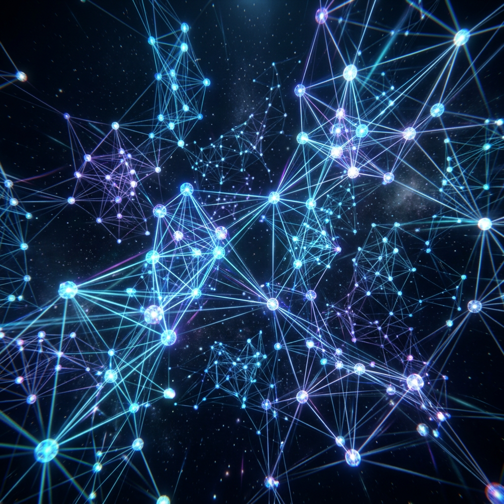 Glowing interconnected nodes connected by lines representing a digital network in dark space