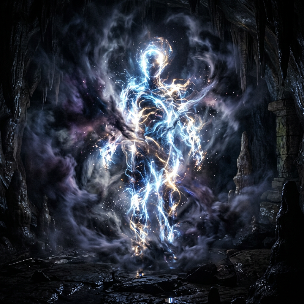 Glowing humanoid figure made of blue and gold energy beams in a dark cave