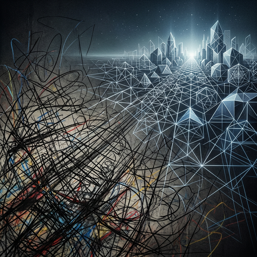 Chaotic scribbles transforming into a precise geometric city grid