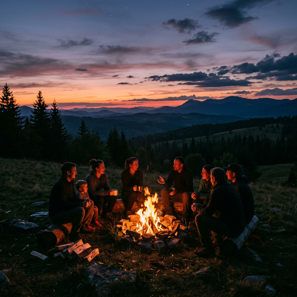 People sitting around a campfire on a hillside at sunset with mountains in the background