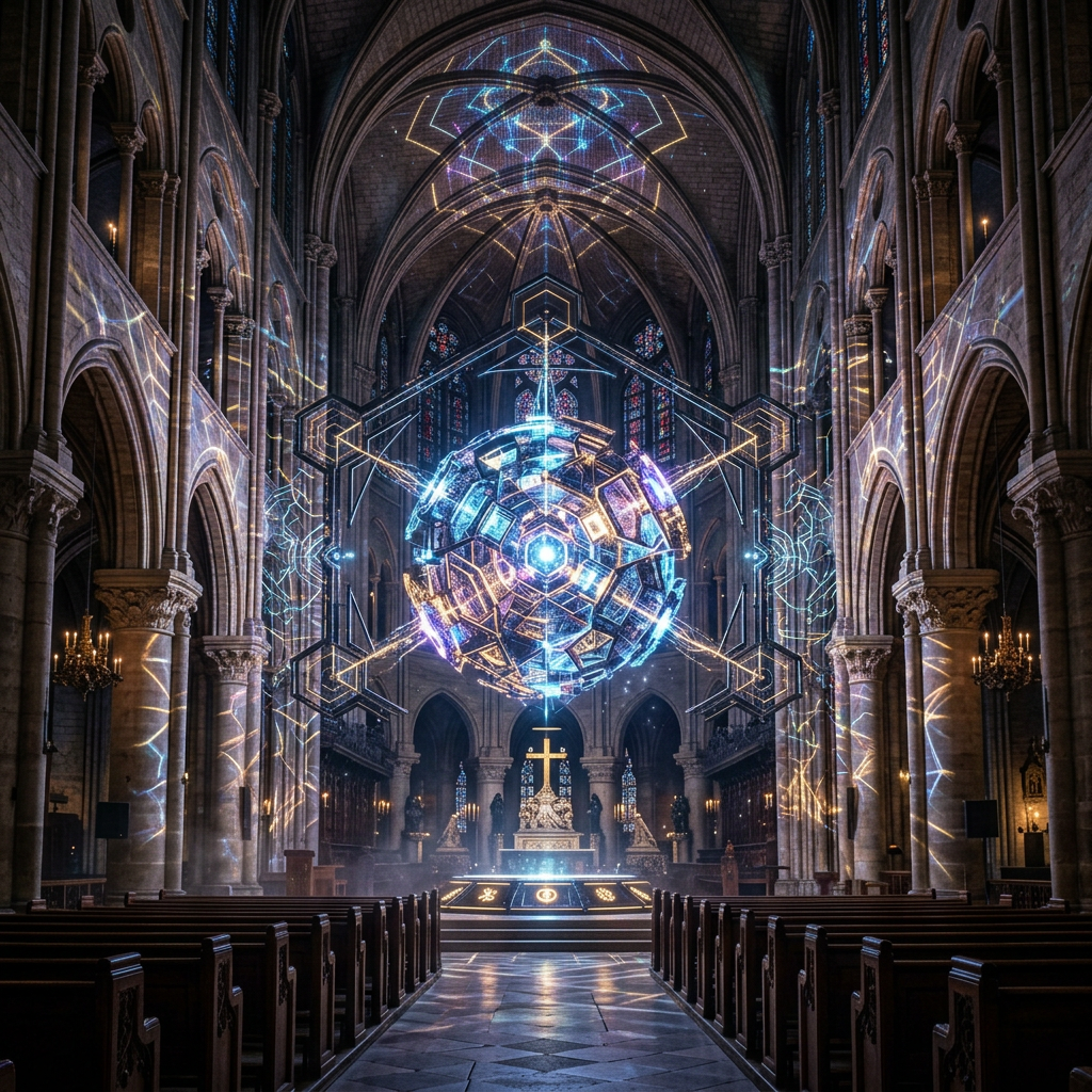 Glowing futuristic digital sphere with geometric patterns above cathedral altar