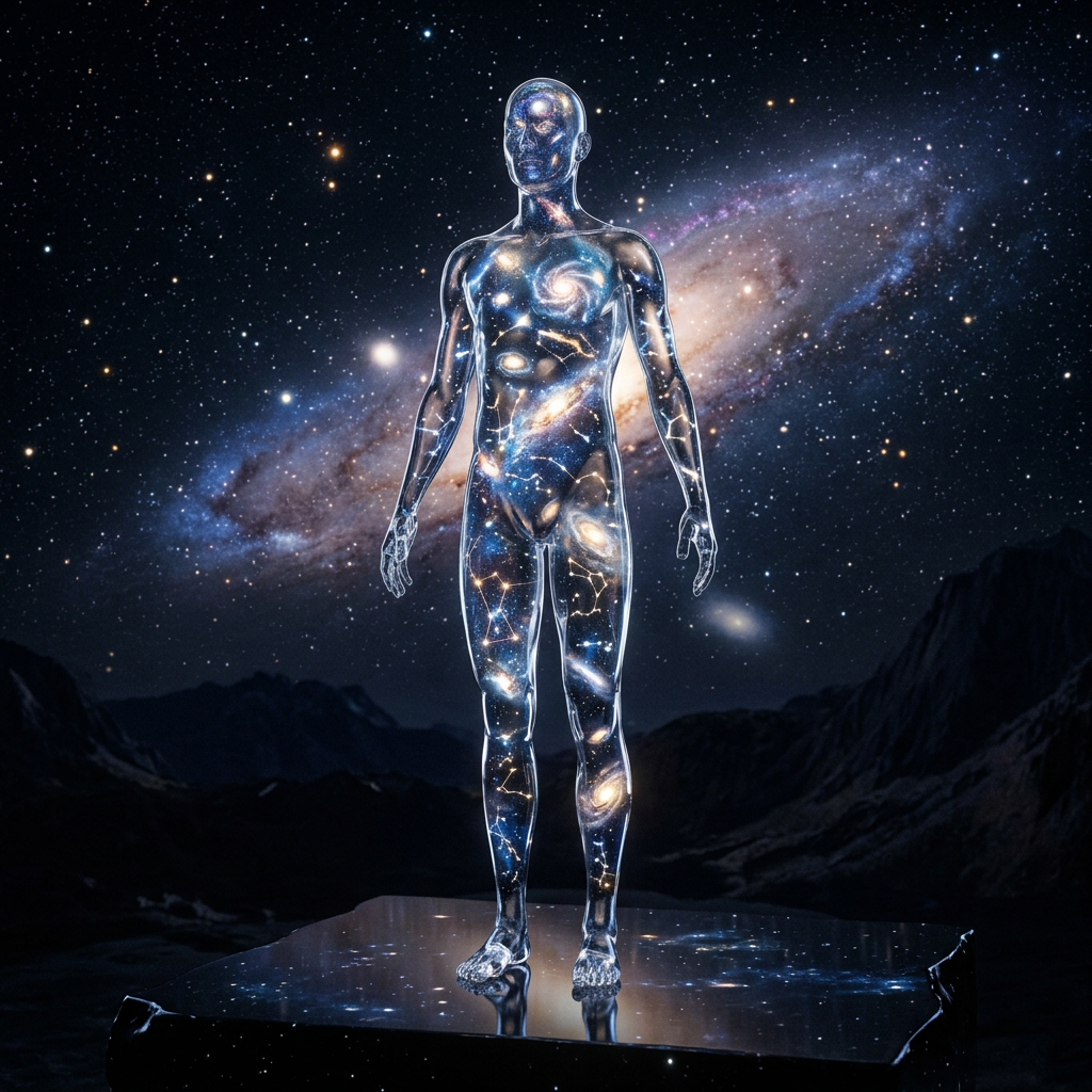 Transparent human figure with galaxy and star patterns inside, standing on reflective surface.