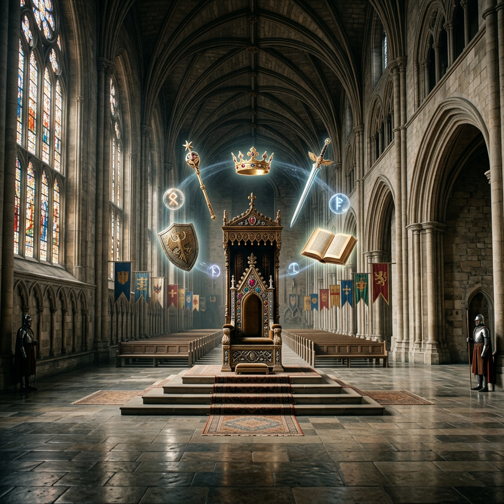 Ornate throne with crown, scepter, sword, shield, and book floating around