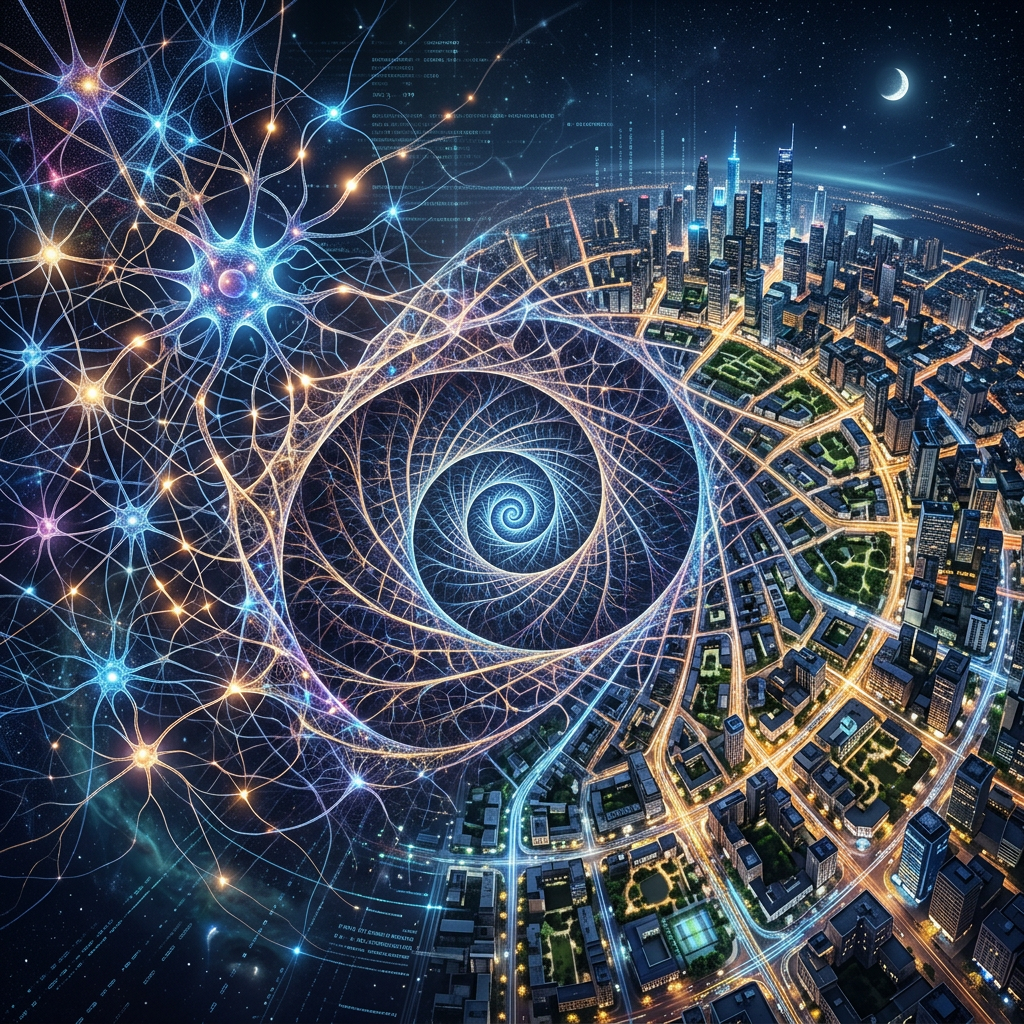 Digital neural network merging with illuminated cityscape at night