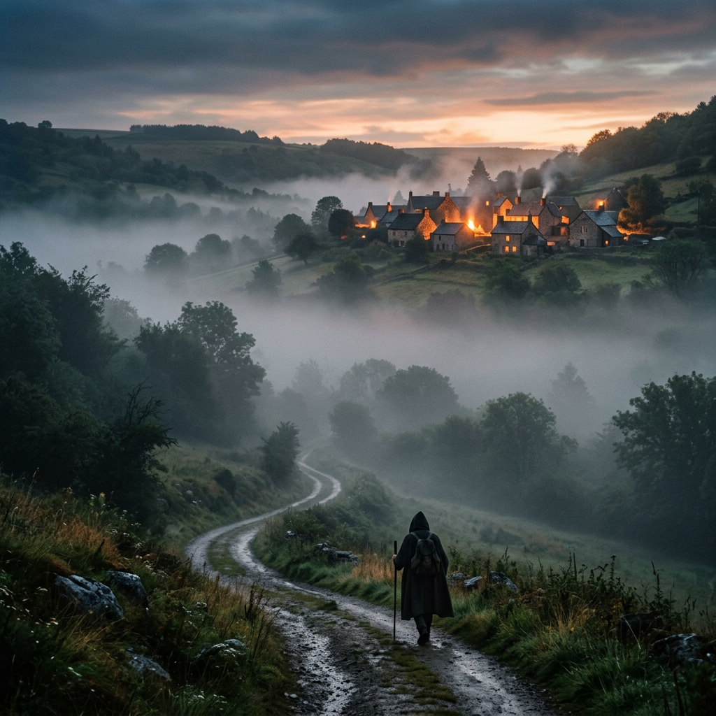 A person walking a winding path toward a misty village with glowing lights at dusk.