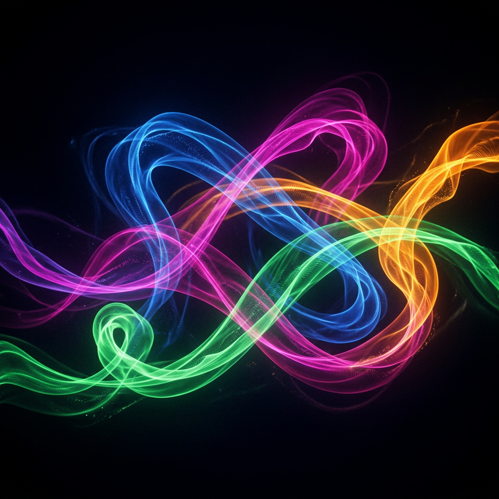 Bright flowing neon waves in blue, pink, green, and orange on black background