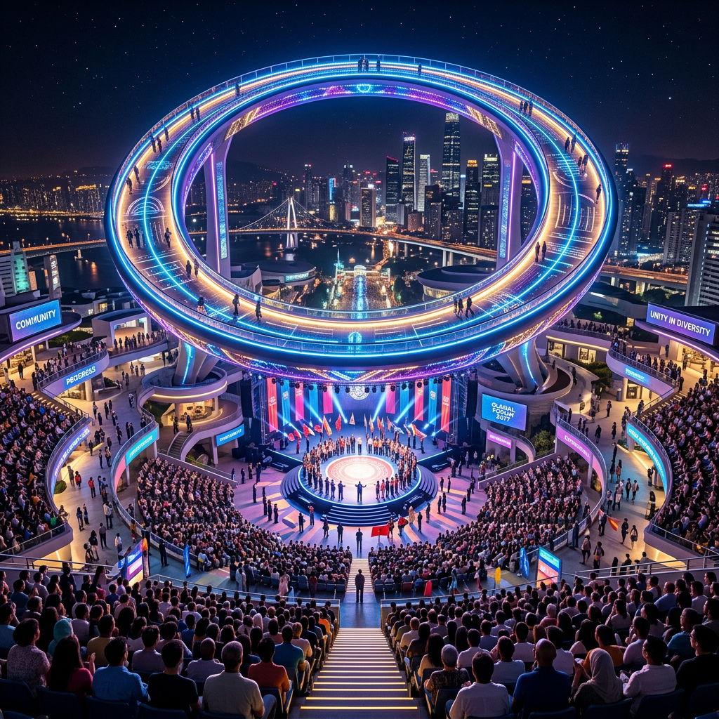Futuristic circular arena filled with people attending a global forum event under a glowing ring structure