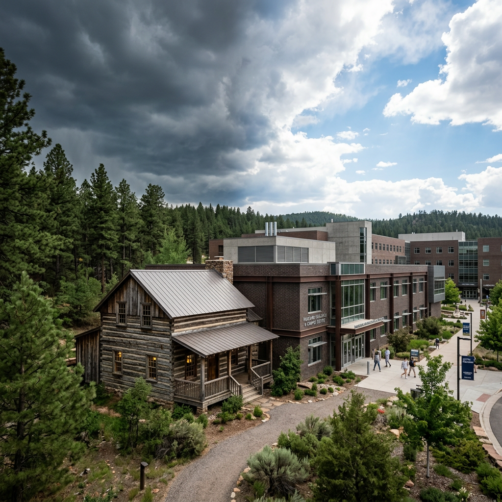 Old log cabin beside modern research and academic building in forested area