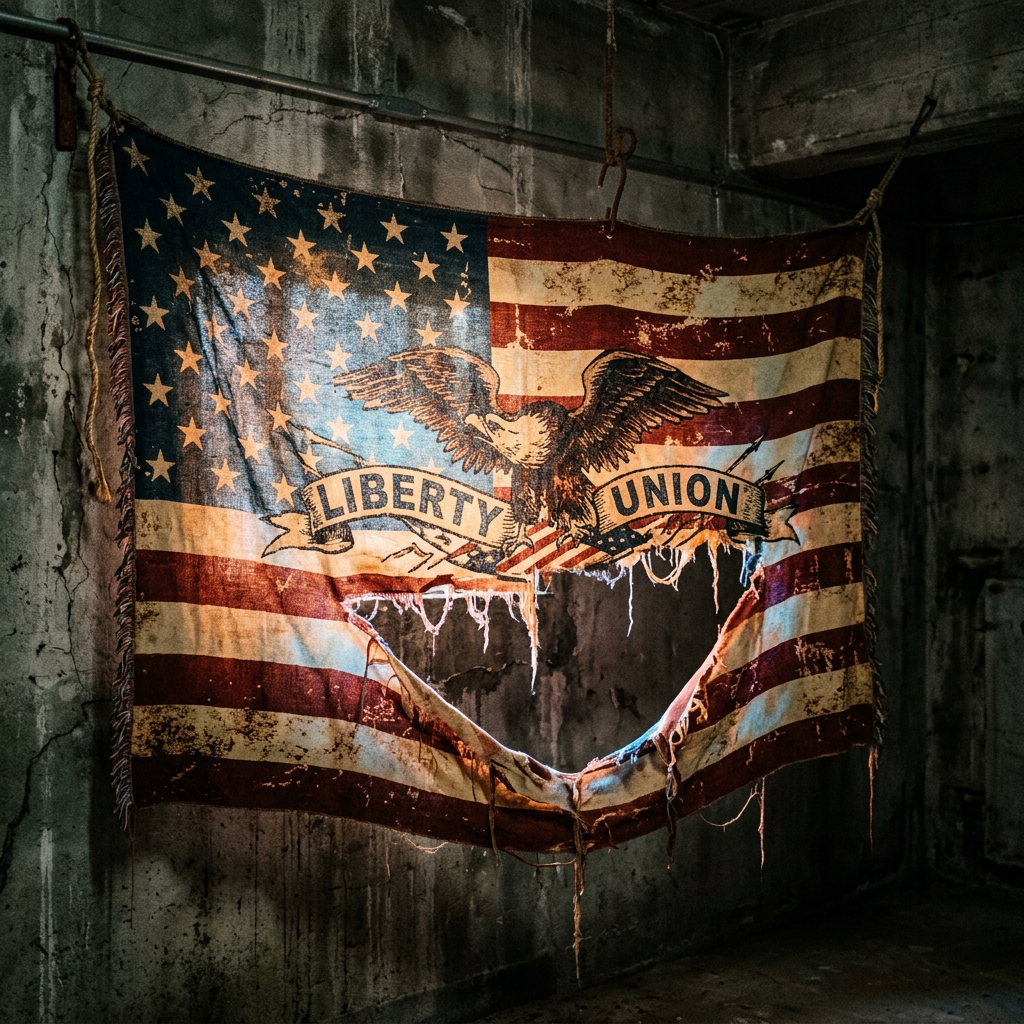 Tattered American flag with eagle and 'Liberty Union' banner in dark room