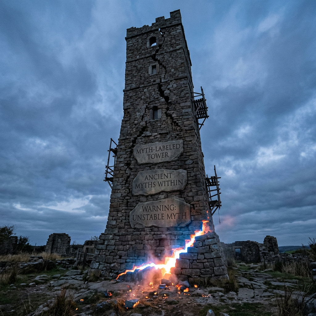 Stone tower with large crack glowing bright orange and blue with warning signs