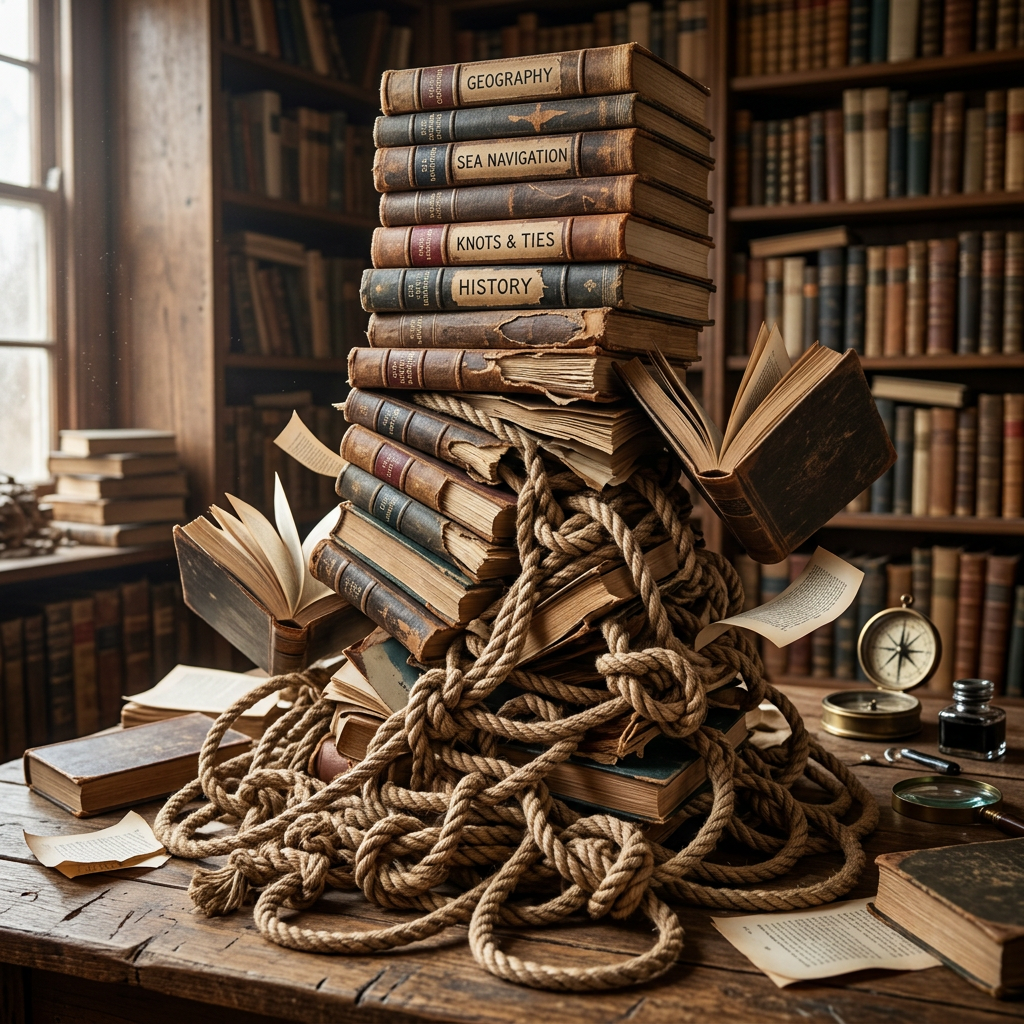 Stack of vintage books labeled Geography, Sea Navigation, Knots & Ties, History with nautical ropes