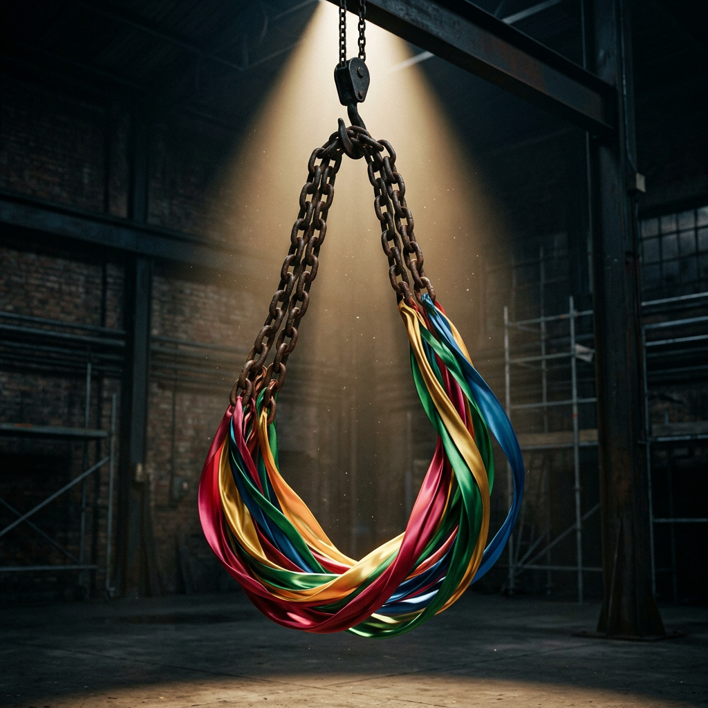 Rusty metal chains entwined with red, yellow, green, and blue satin ribbons hanging from a hook indoors