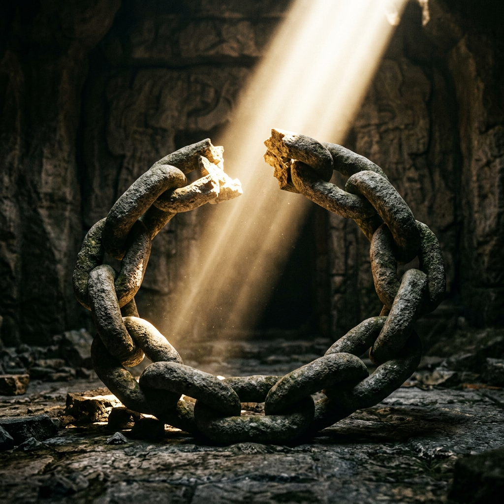 Broken stone chain link forming a circle on cave floor under light beam