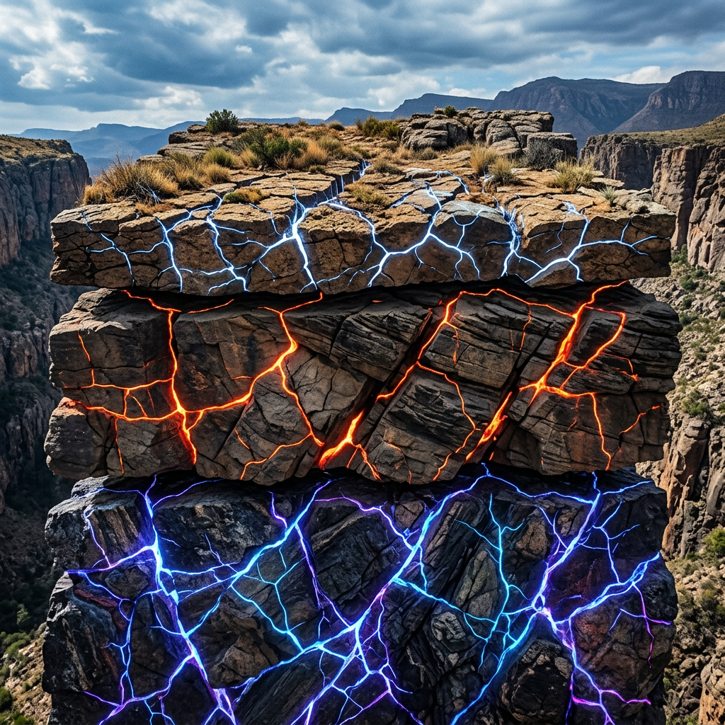 Three layers of cracked rocks glowing blue, red, and purple stacked in a mountainous area