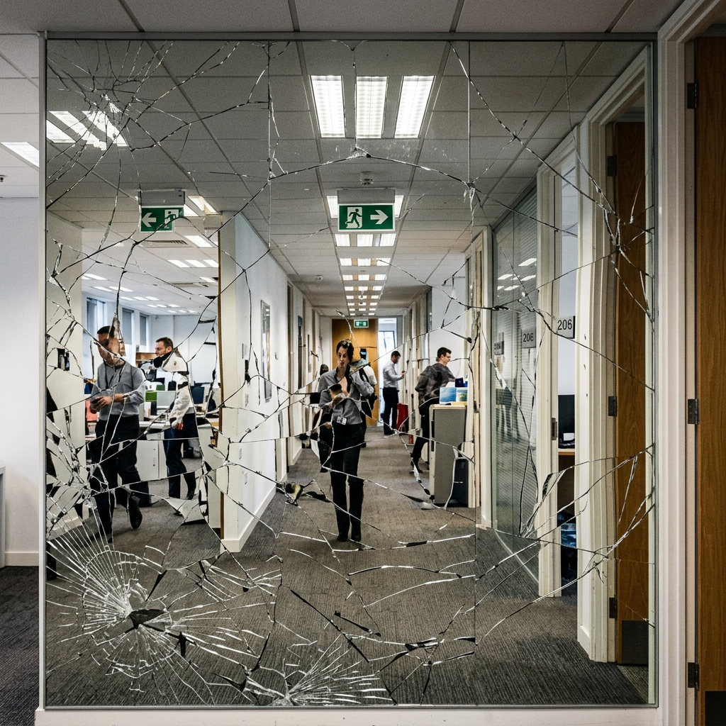 Shattered glass panel reflecting office corridor with workers.
