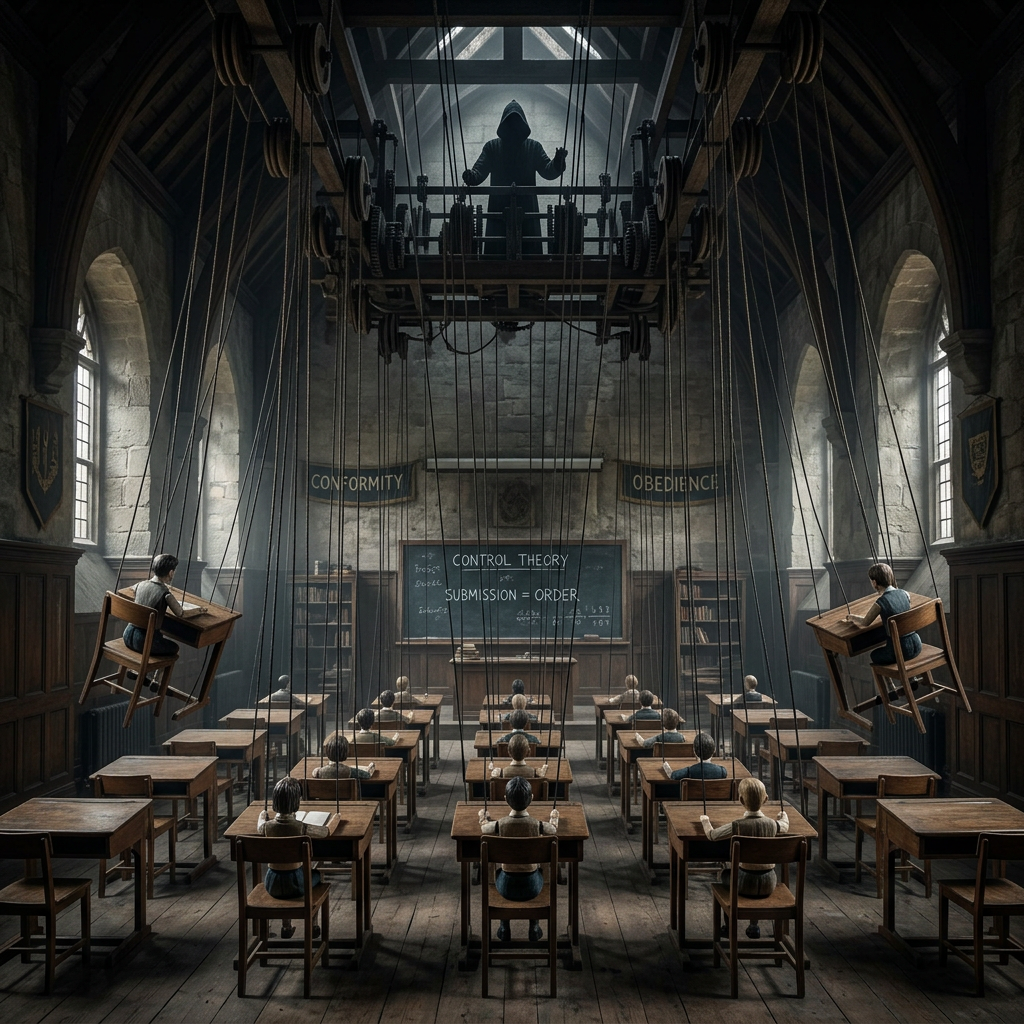 Classroom with students as puppets controlled by strings and a hooded figure operating above