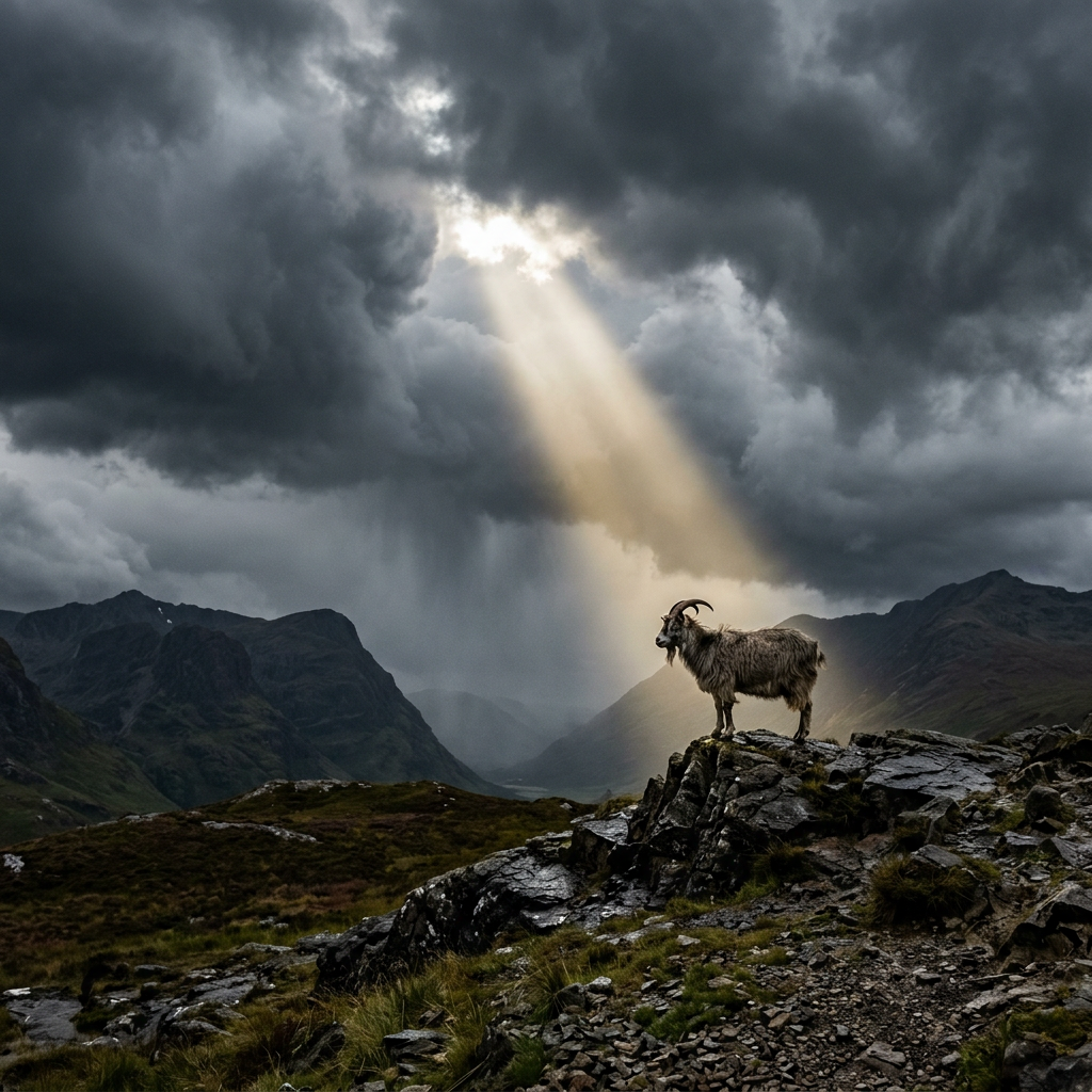 Mountain goat standing on rocky outcrop with sunlight shining through clouds