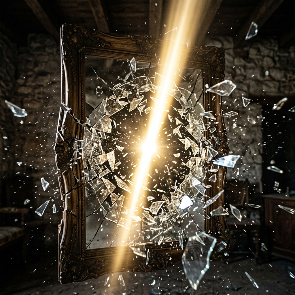 Ornate framed mirror shattering with light beam breaking glass shards