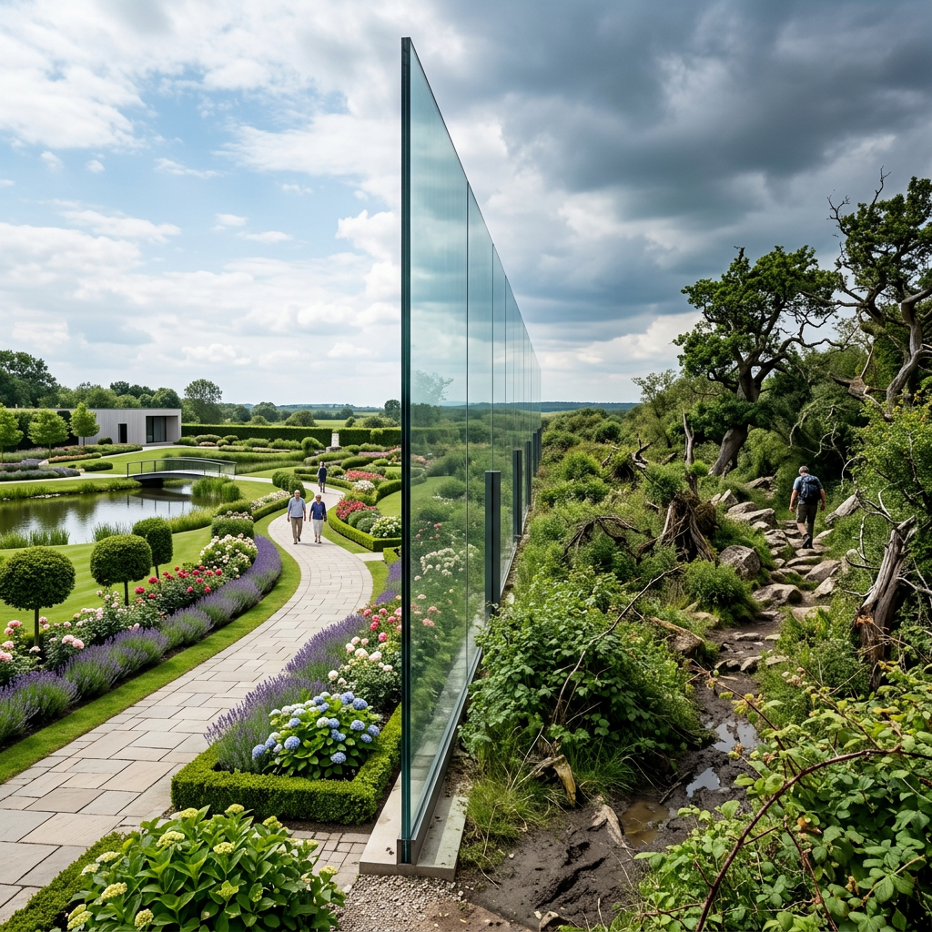 Glass wall separating a formal garden with paved paths and a wild wooded area with rocky terrain