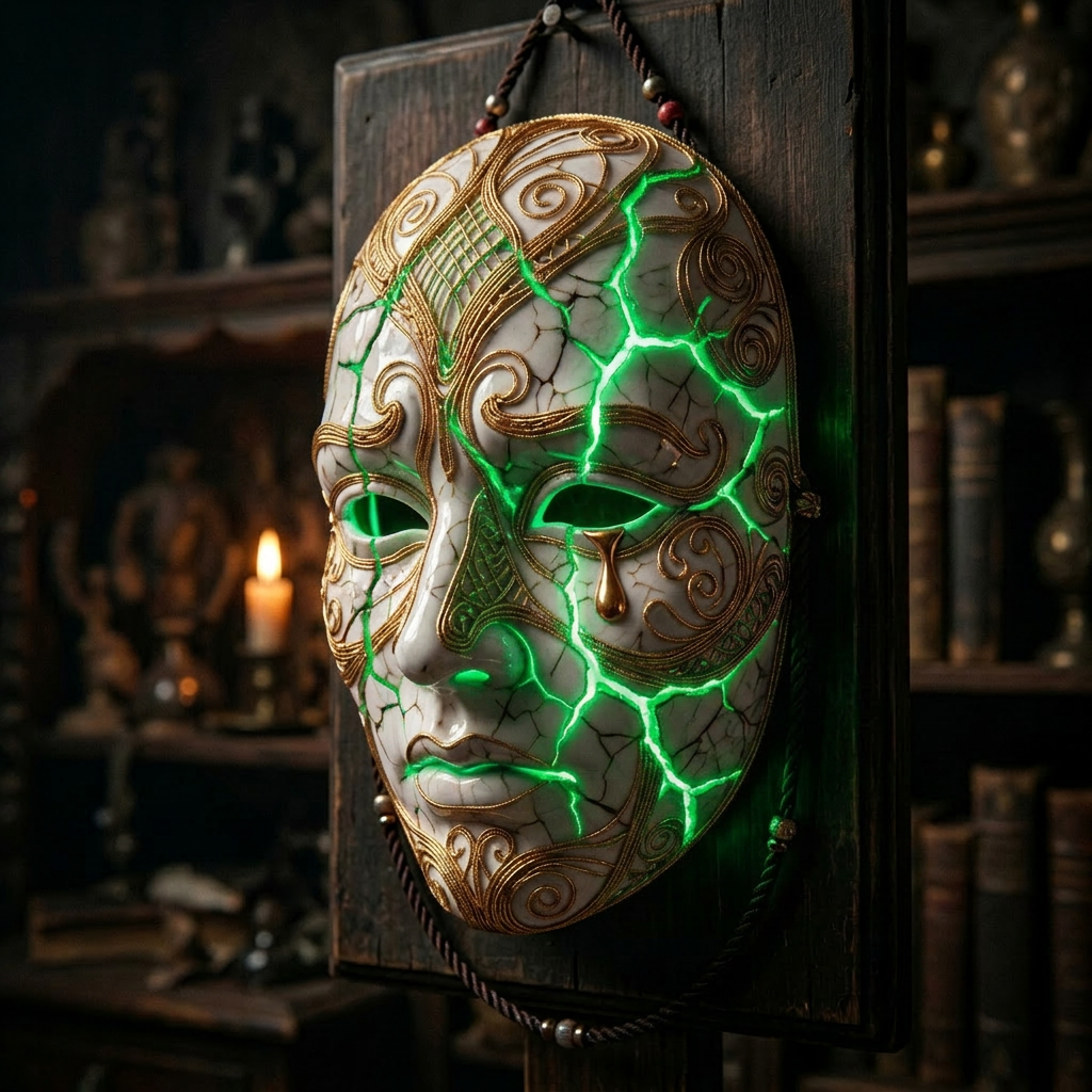 Venetian-style mask with gold patterns and glowing red cracks mounted on wood