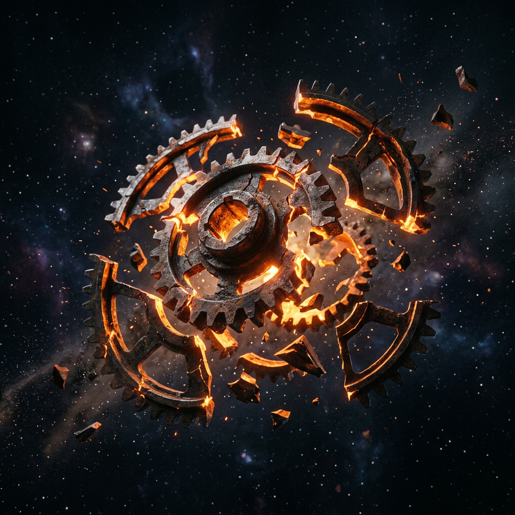 Broken mechanical gears glowing with fiery cracks floating in space