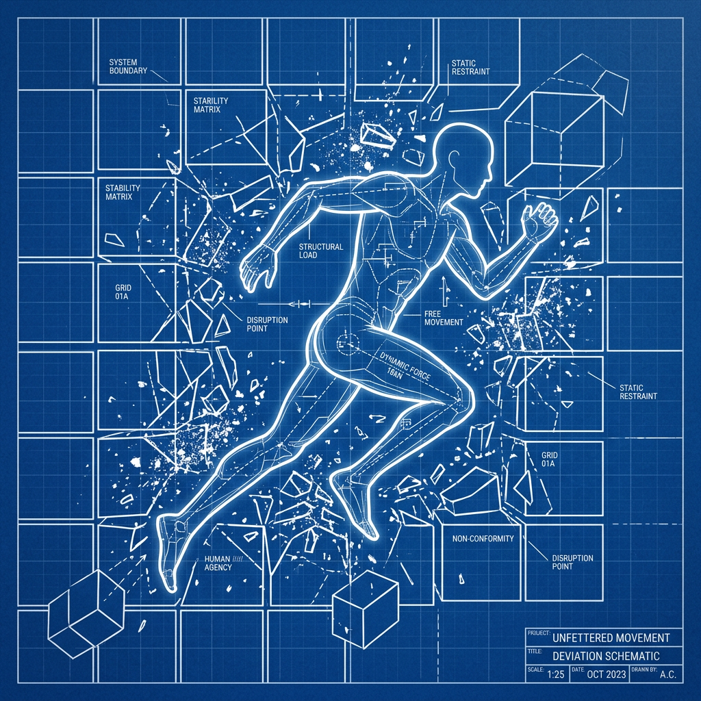 Schematic blueprint of a human figure running through structural boundaries with annotations