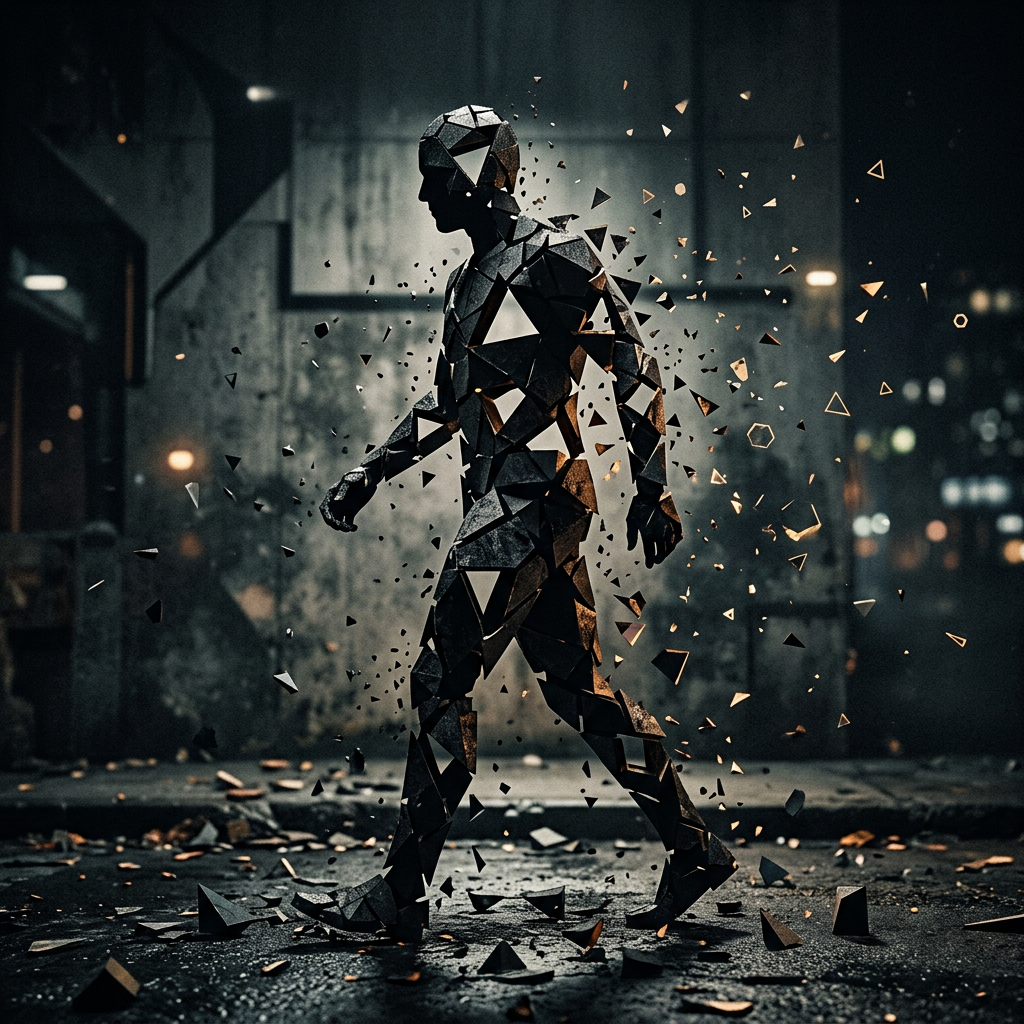 Abstract humanoid figure composed of dark triangular fragments dispersing