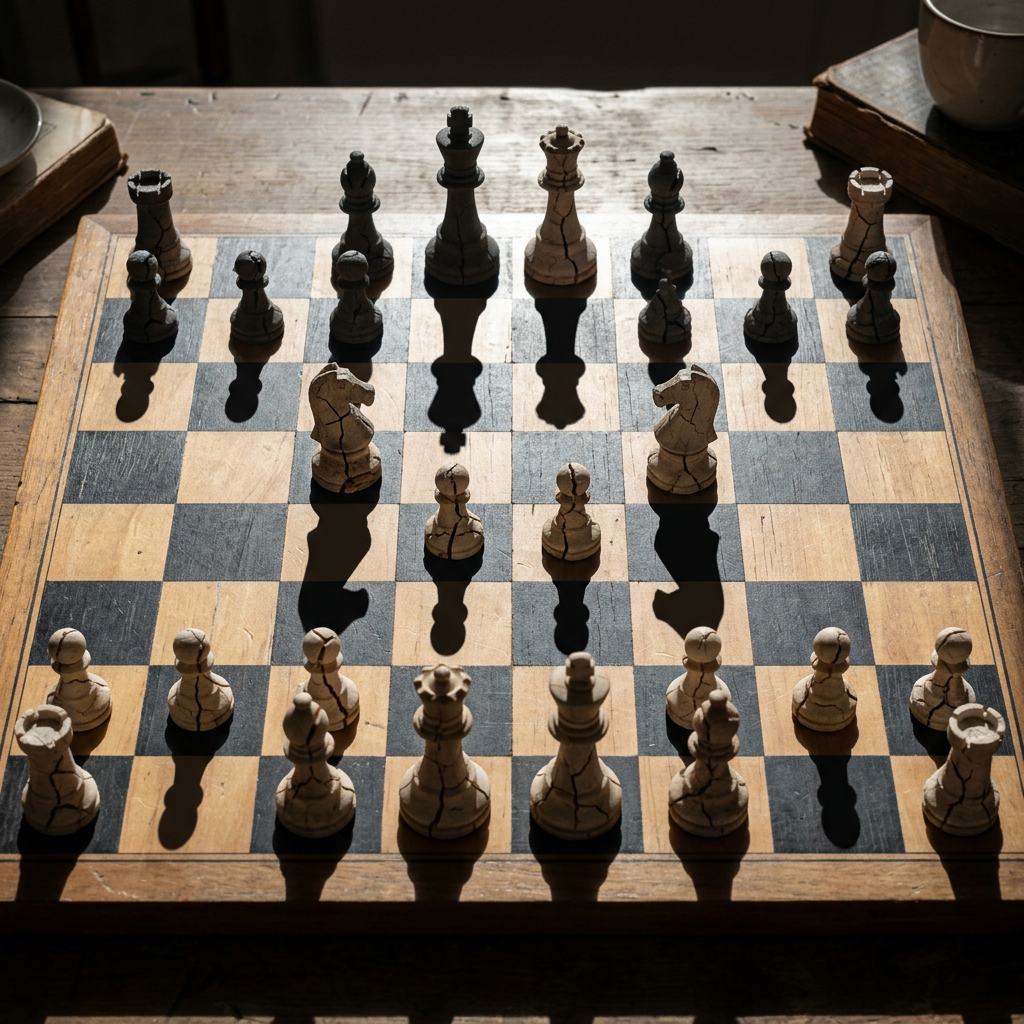 Chessboard with cracked black and white chess pieces on wooden table