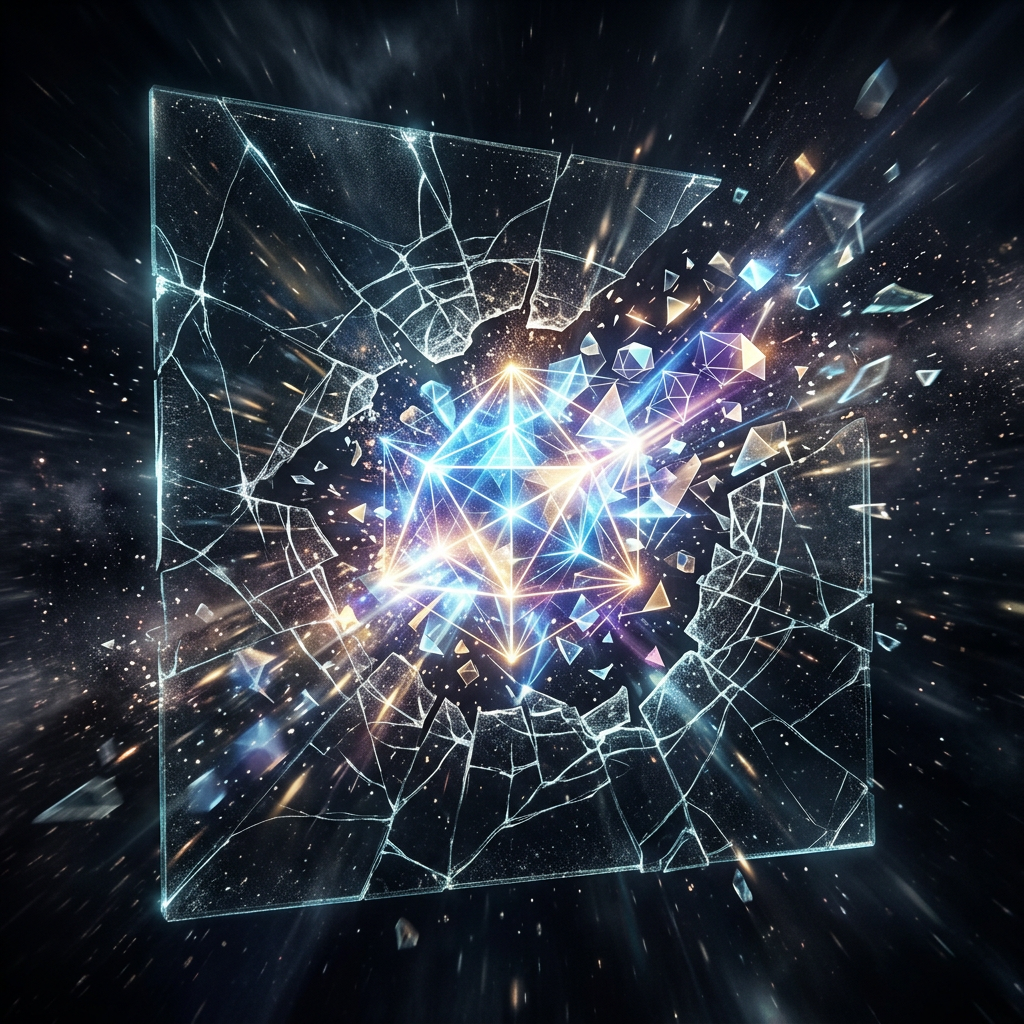 Glowing geometric quantum structure breaking through shattered glass