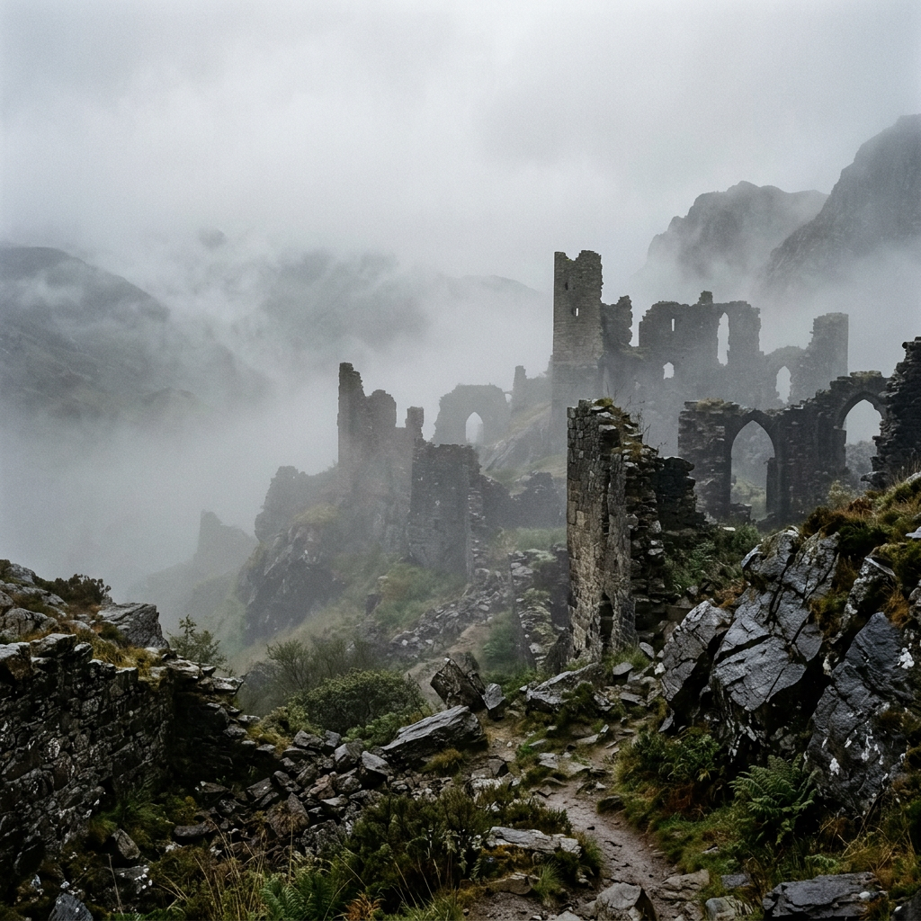 Ruins of an ancient stone castle shrouded in fog on a rocky hillside
