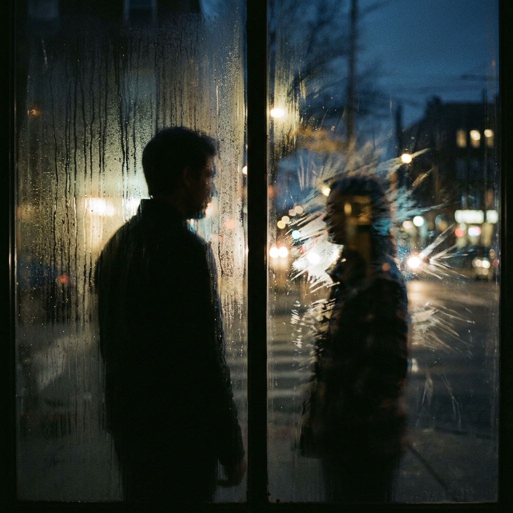 Silhouettes of two people standing on opposite sides of a rain-covered glass window at night
