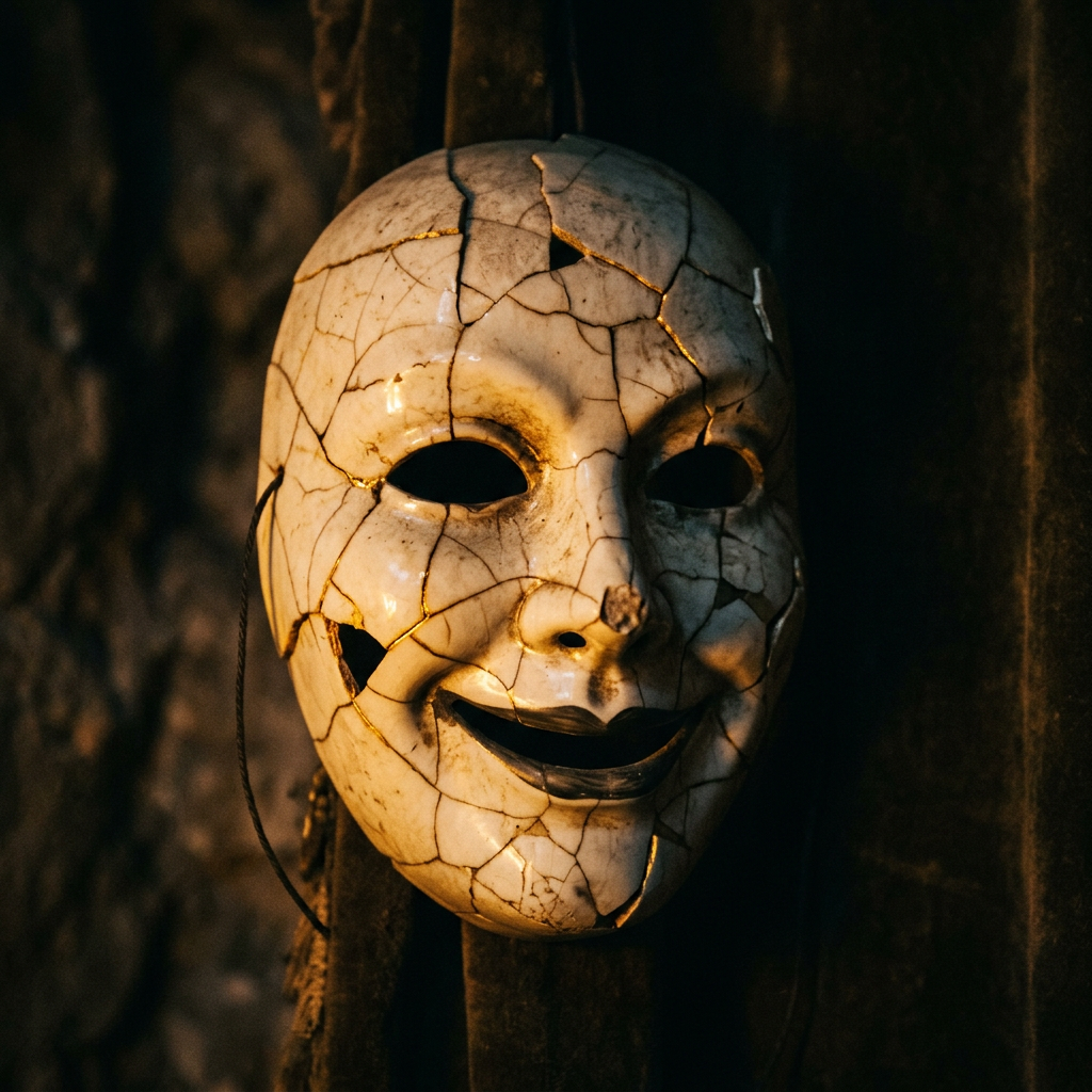 Cracked ceramic mask with hollow eyes and smiling mouth