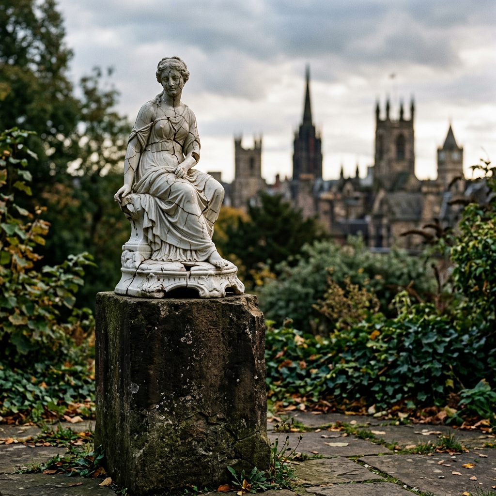Cracked classical statue of a seated woman on stone pedestal with blurred city skyline behind