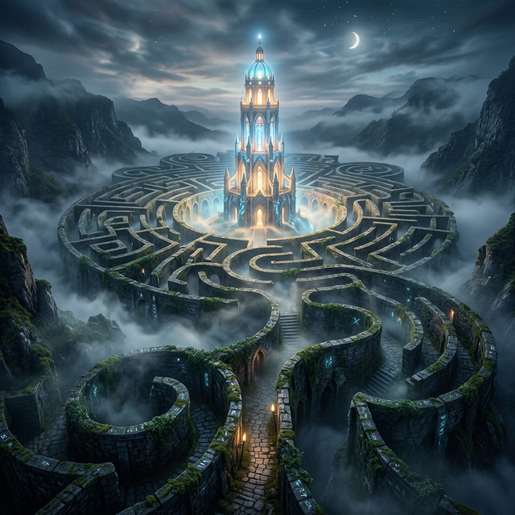 A glowing tall tower inside a circular stone maze surrounded by fog and mountains at night