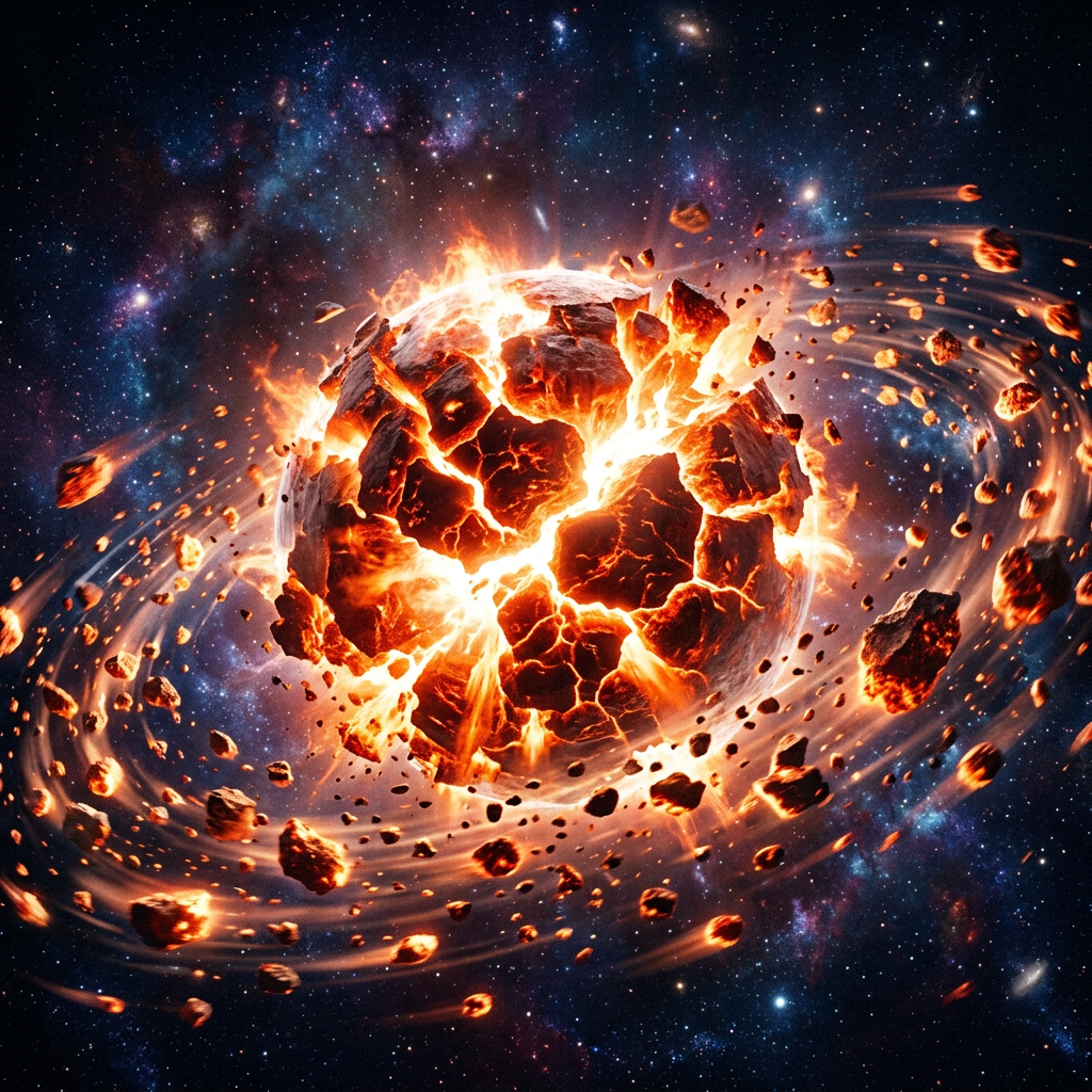 Planet breaking apart with fiery explosions and fragments in space