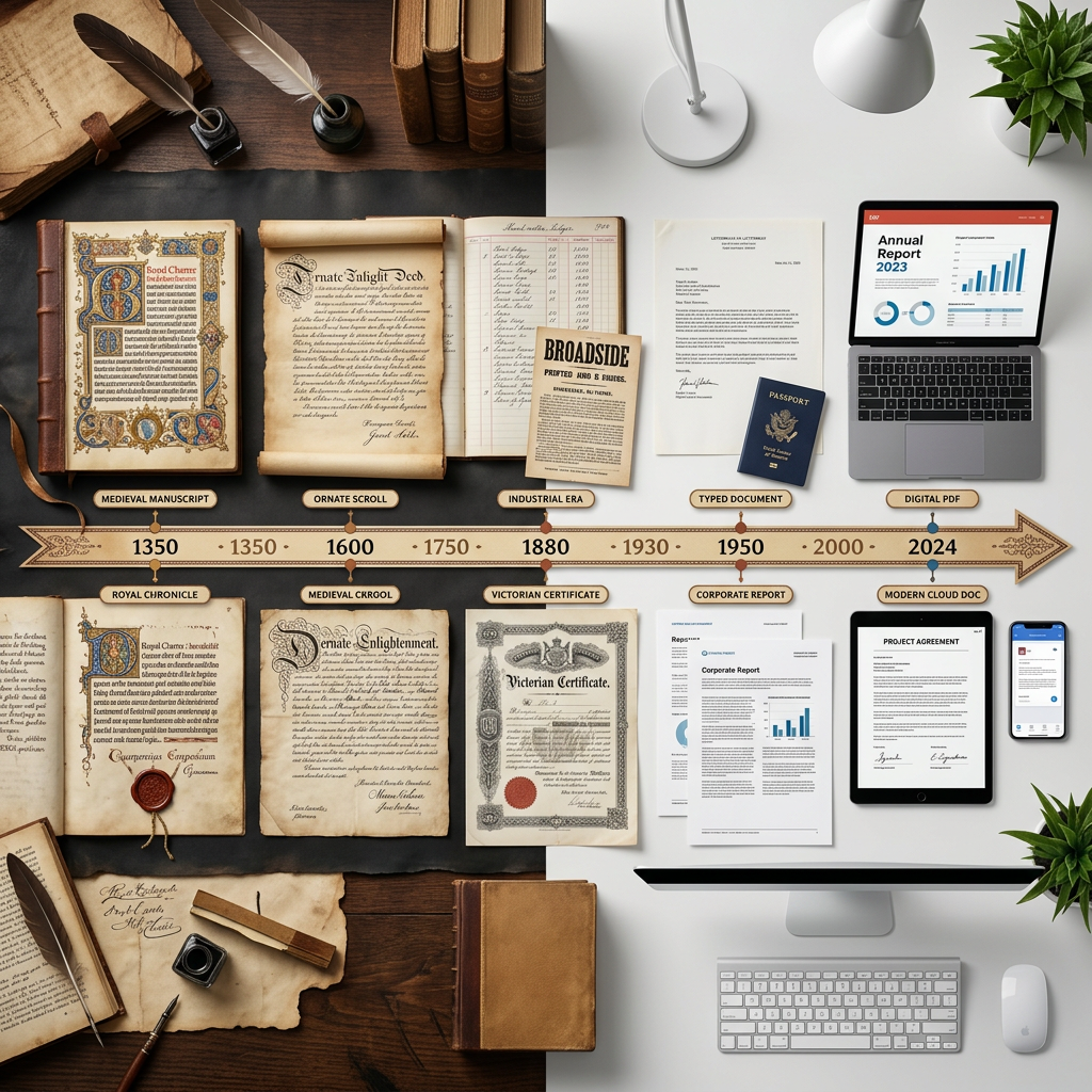 Timeline displaying historical to modern documents including medieval manuscript, ornate scroll, Victorian certificate, typed document, and digital PDF