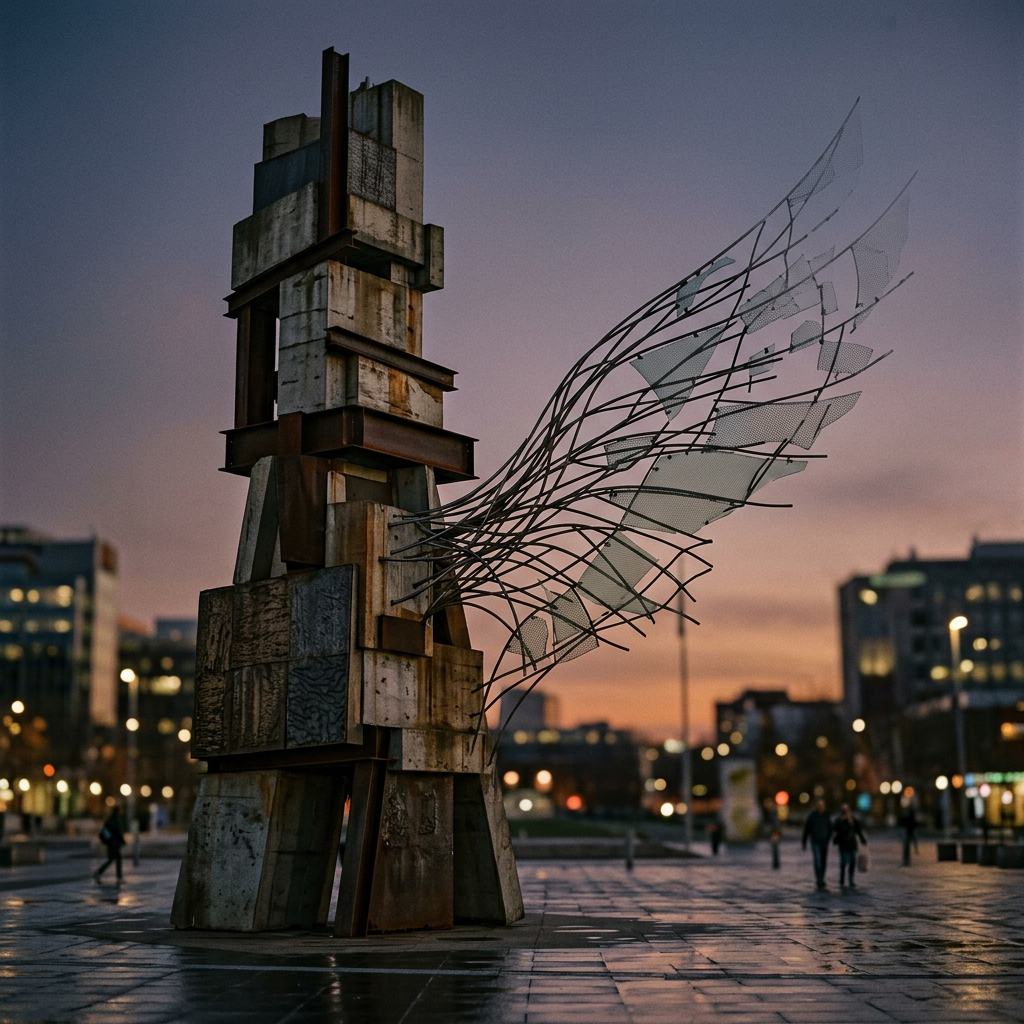 Abstract outdoor sculpture with metal and wooden elements and wing-like metal structure