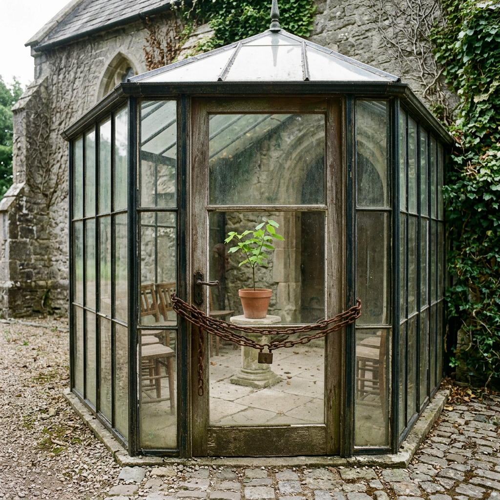 Small locked glass greenhouse with a single potted plant inside