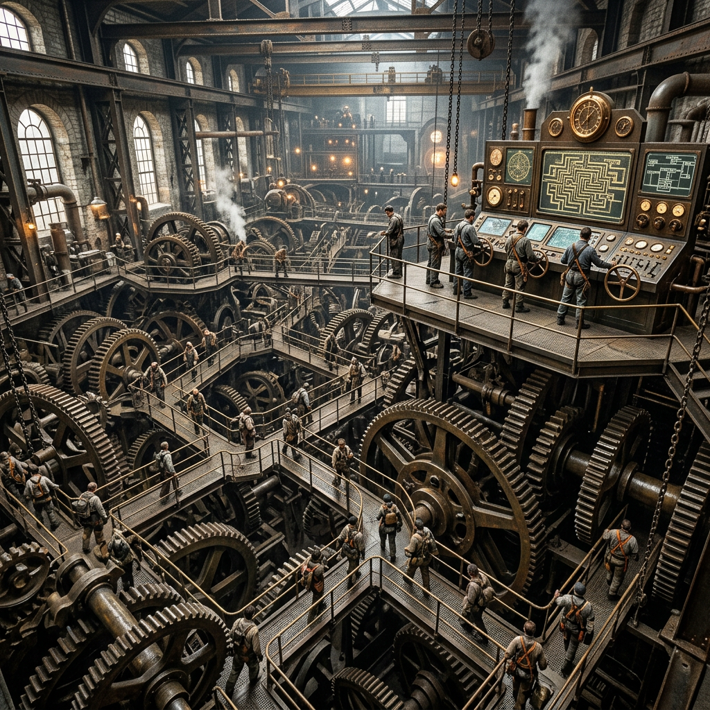Factory workers managing large gears and control panels in an industrial setting