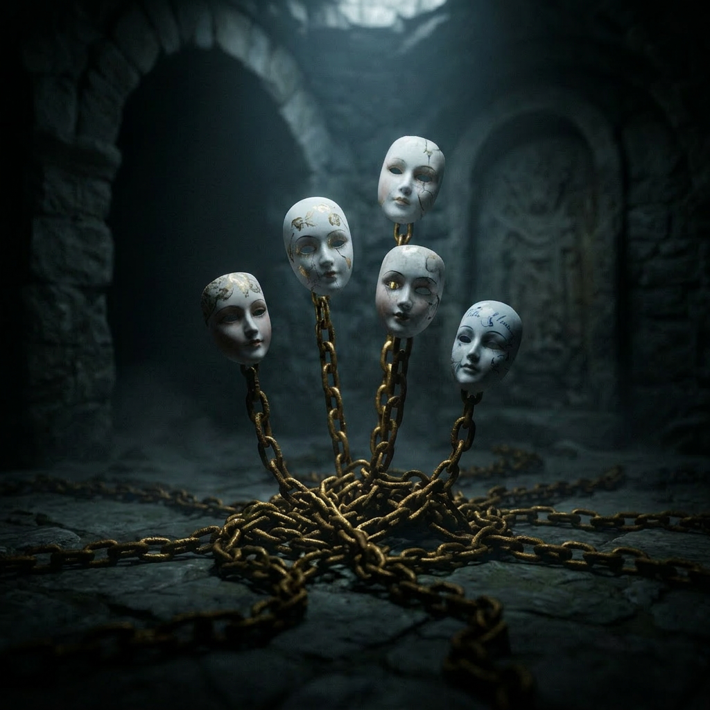 Five floating porcelain masks with ornate patterns attached to rusty chains in a dark stone room