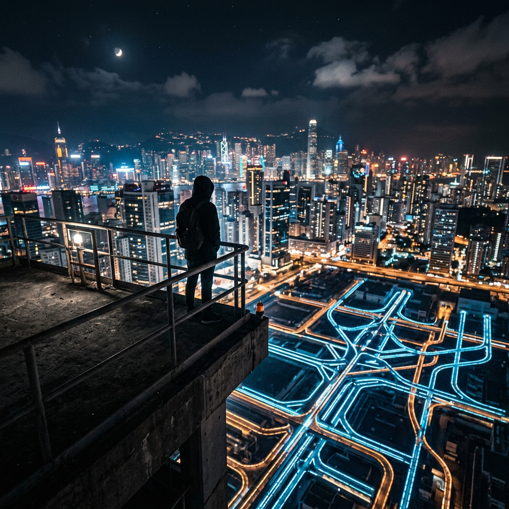 Person in hoodie standing on rooftop overlooking city skyline and illuminated highway network at night