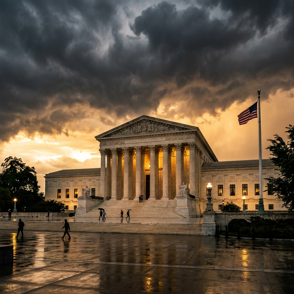 U.S. Supreme Court building with illuminated columns at sunset under dark storm clouds