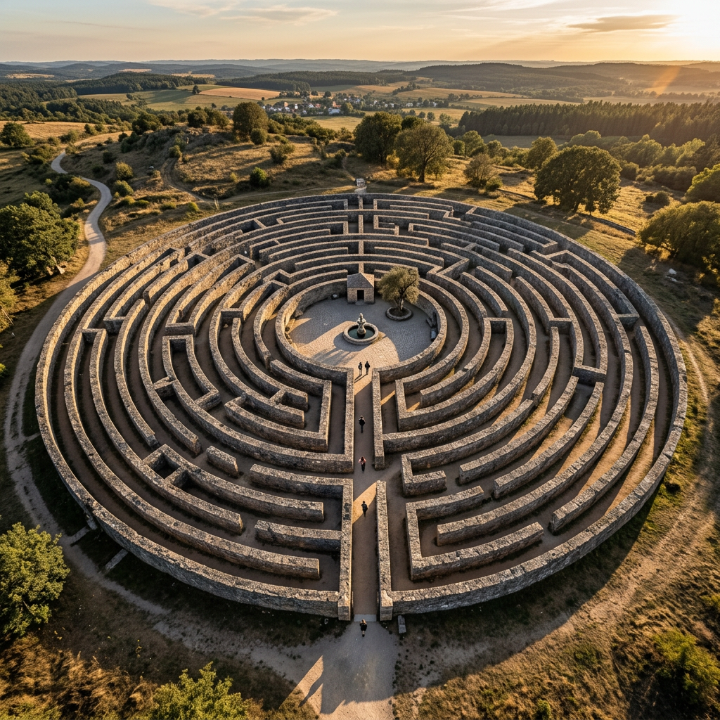 Circular stone maze with winding pathways and visitors walking inside