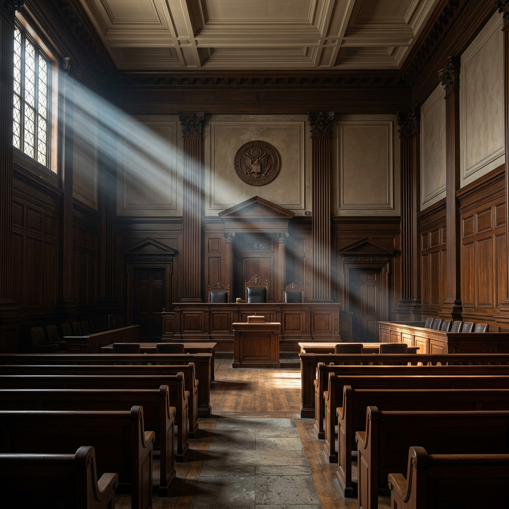 Empty courtroom with wooden benches and sunlight beams from windows